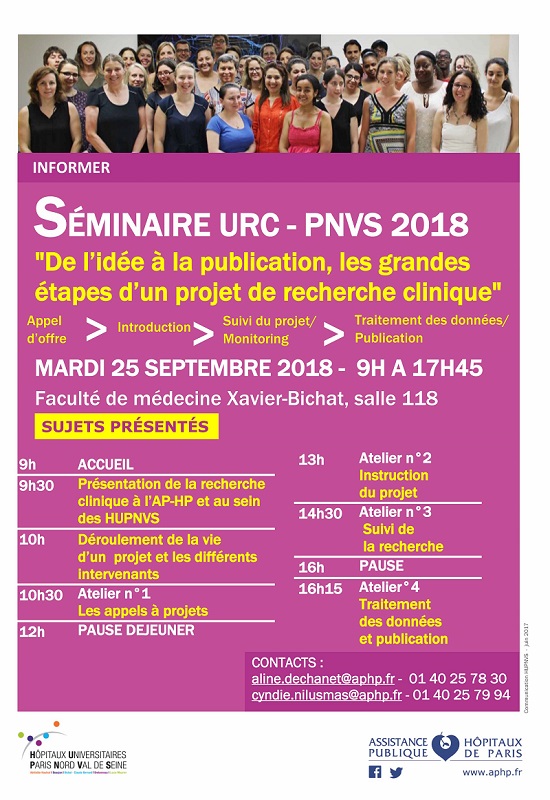Séminaire URC – PNVS 2018 -"De l’idée à la publication, les grandes étapes d’un projet de recherche Clinique" - 25 Septembre 2018 @ Faculté de Médecine Xavier (salle 118) | Paris-18E-Arrondissement | Île-de-France | France