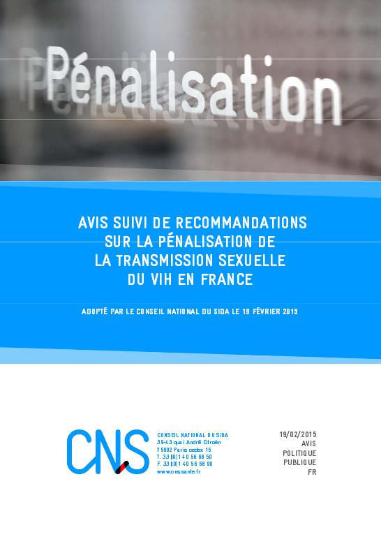 avis suivi de recommandations sur la pénalisation de la transmission sexuelle du VIH en France