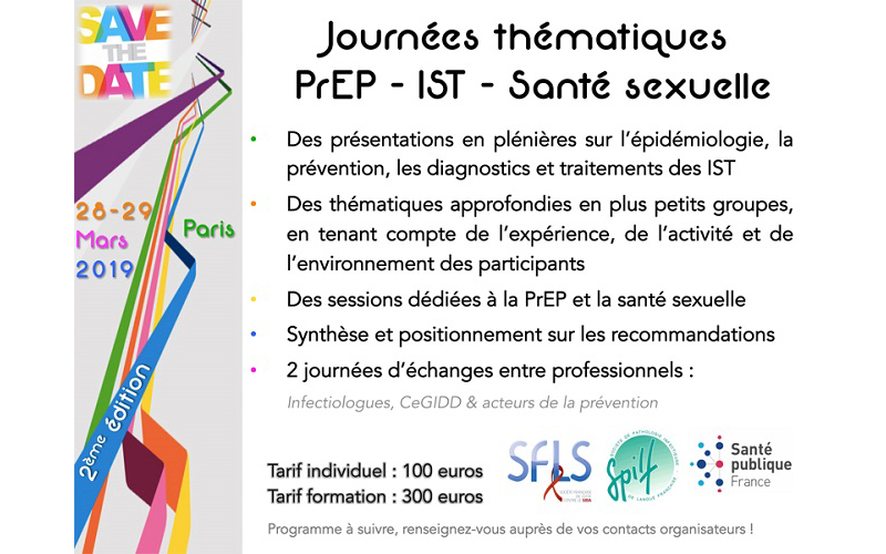 Journées thématiques PREP / IST / SANTE SEXUELLE organisées par la SFLS, SPILF et Santé Publique France les 28 et 29 mars 2019 à Paris